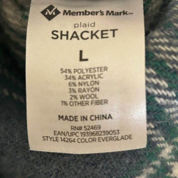 💙 MEMBER'S MARK PLAID FLANNEL SHACKET POCKETS BUTTON UP CREAM BLUE TEAL LARGE - Picture 5 of 5